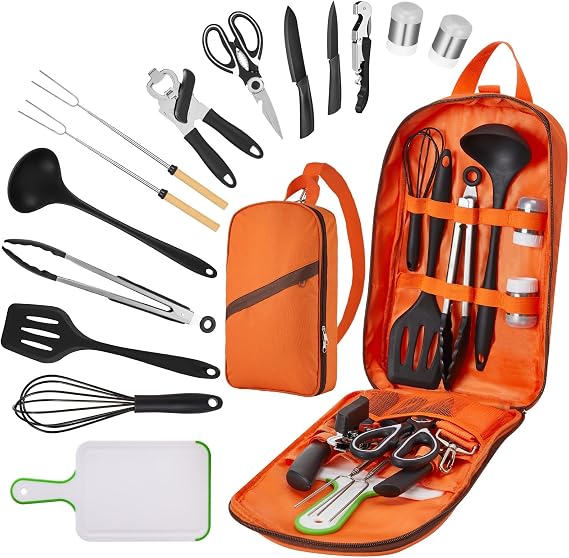 Hozzen Camping Cooking Set - Camping Utensil Set Car Camping Cooking Essentials Gear for Camp Kitchen Cooking and Grilling, Stainless Steel & Silicone Ideal Gift for RV Tent Camper, Picnics, BBQs