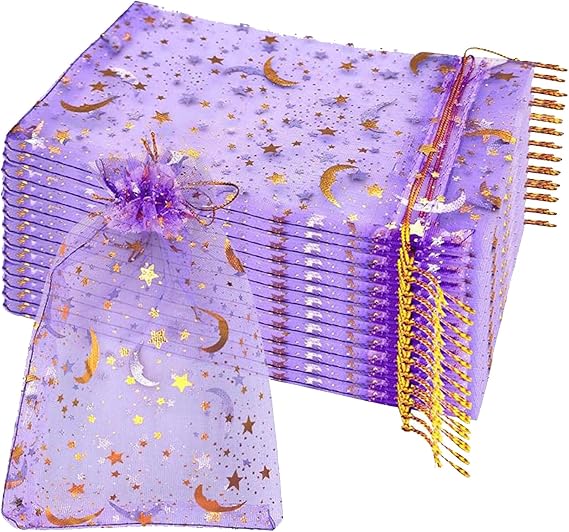 100 Pieces Moon Star Organza Jewelry Candy Bags, 4x6 Inch Sheer Purple Organza Pouch Small Gift Bags with Drawstring for Christmas Party Favors Wedding Valentine's Day Bags