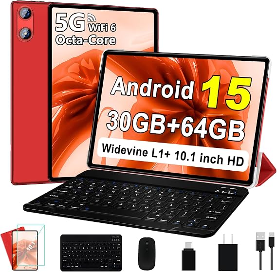 2026 Tablet 10 Inch Android 15 Tablets with Gemini AI, 30GB+64GB+1TB Expand, Octa-Core Electronics Tablets with Keyboard, 6000mAh, HD IPS Display, 5G WiFi, Split Screen, Widevine L1 - Red