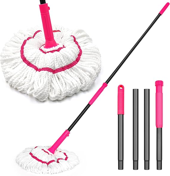 NEWE Self Wringing Twist Mop for Floor Cleaning, Upgraded 45 cm Wide Microfiber Mops, 140 cm Long Handle Wet Dry Kitchen Easy Squeeze String Mop for Wood, Hardwood, Tile, Marble (Rose Red)