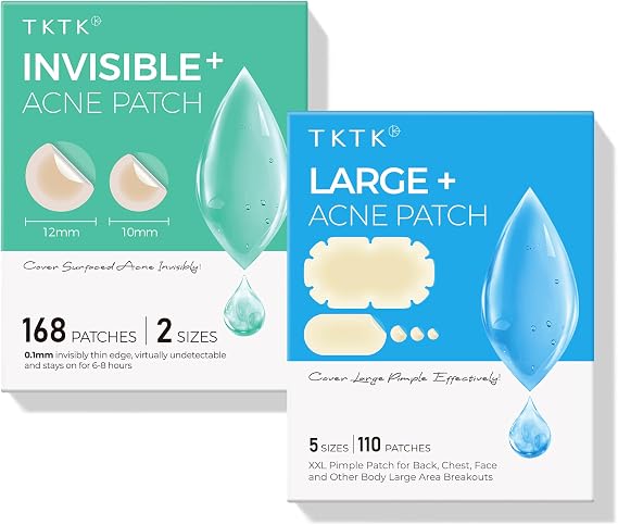 TKTK Invisible Pimple Patches for Face, XXL Pimple Patch for Body, Hydrocolloid Patches for Breakouts, Absorbs Zits & Blemish, Suitable Under Makeup, 278 Count