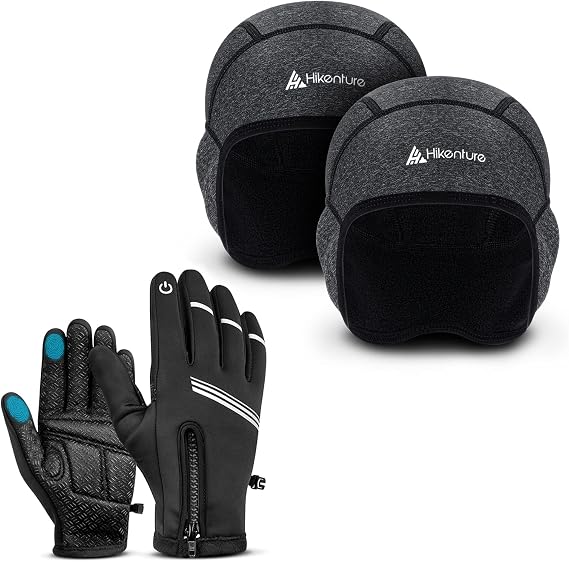 Hikenture Winter Cycling Gloves XL and 2 Pack Grey Skull Cap Helmet Liner for Men & Women