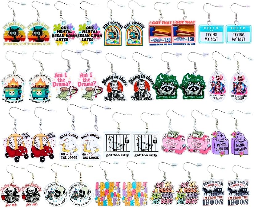 20PC Funny Earrings Pack Earring Jewelry Fun Cute Weird Unique Novelty Kawaii Funky Silly Wacky Whimsical Crazy Eccentric Quirky Sarcastic Meme Duck Silly Goose Dangling Dangle Women Gifts