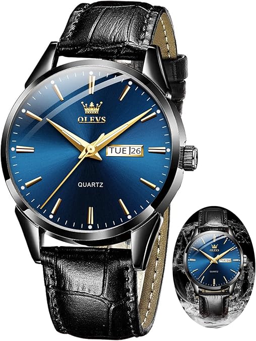 OLEVS Mens Watch Brown Leather Band Dress Watch for Men Quartz Waterproof Men's Wrist Watch 38MM Gold Case Easy to Read Day Date Business Casual Men Watches Gifts for Him Relojes para Hombres