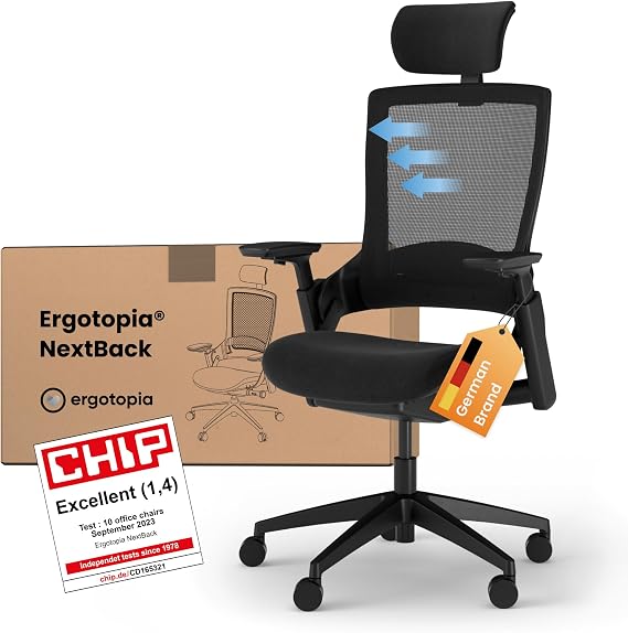 Ergotopia Nextback - Silla de Oficina ergonómica - Silla giratoria con reposacabezas Ajustable y reposabrazos - Silla ergonómica con reposacabezas - Silla de Oficina de Malla