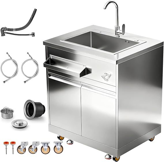 BODEGA Stainless Steel Outdoor Kitchen Sink Cabinet, Outdoor Sink With Hose Hook Up,Single Bowl Kitchen Sinks With Brake Wheels & Spice Rac, All-Weather Use, Mobile Prep Station for BBQ, Camping, RV.