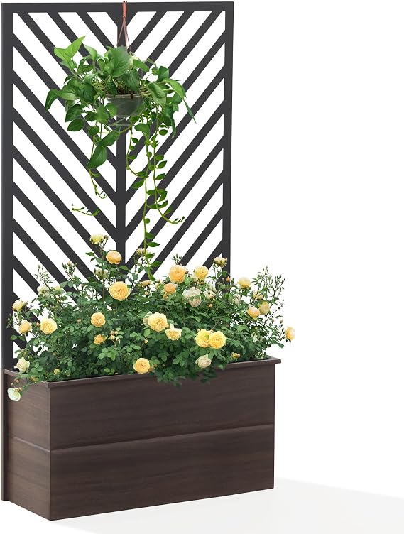 Sunjoy Raised Garden Bed with Trellis, 44 Inch Height Planter Box for Vine Climbing Plants Flower Free-Standing Raised Planter for Patio Garden Indoor Outdoor by YardCove, Black