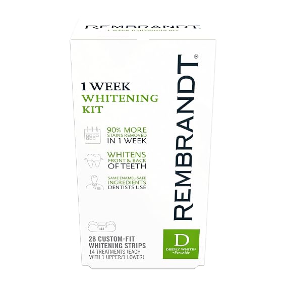 Rembrandt Deeply White + Peroxide 1 Week Whitening Kit, 28 Strips | Removes Tough Stains in 1 Week, Enamel-Safe Custom-Fit Strips, 14 Treatments