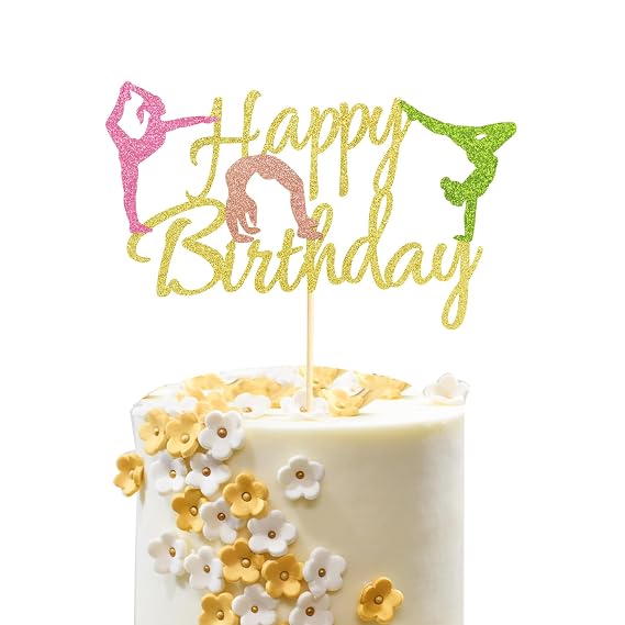 Gymnastics Cake Topper Gymnast Cake Pick for Gymnastics Theme Baby Girl Happy Birthday Party Decorations - Gold Glitter