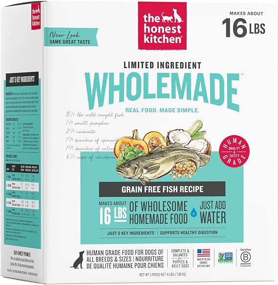 The Honest Kitchen Wholemade 6 Ingredient Grain Free Fish Recipe, Human Grade Dehydrated Dog Food, Allergy Friendly, Digestion Support, Topper for Dry or Wet Dog Food, 4 lb Box Makes 16 lbs