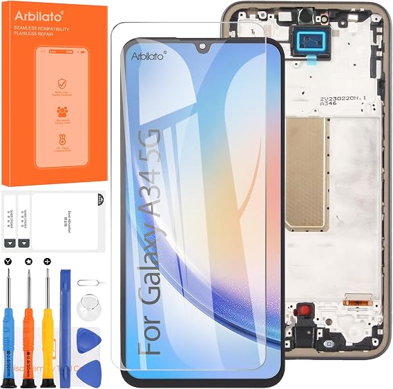OLED Screen for Samsung Galaxy A34 Screen Replacement for Galaxy A34 LCD Screen SM-A346E,SM-A346B,SM-A346M Touch Display Digitizer Assembly Repair Parts(with Fingerprint Function) (Black with Frame)
