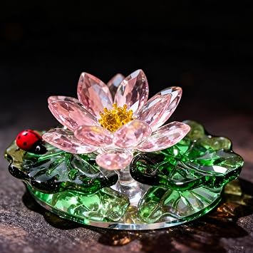 Small Crystal Lotus Flower Decor with Mini Ladybug - Sparkling Glass Lotus Flower Crystal Figurines Glass Flowers with Ladybird Home Deocr