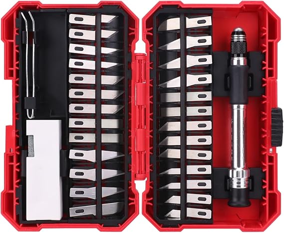 Amazon Basics 29-Piece Precision Hobby Knife Set with Razor-Sharp Blades, Modeling Tools, Anti-Slip Rubber Grip, Black, Silver, Red