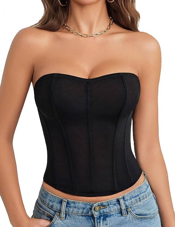 Avidlove Corset Tops for Women Mesh Strapless Bustier Boned Tie Back Top Going Out Party Tops Lingerie
