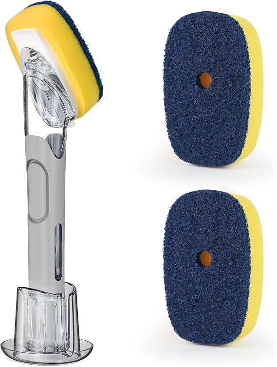 RIMAY Dish Brush with Soap Dispenser, 2 Sponge Refills and Storage Holder