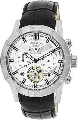 HERITOR Hannibal Automatic Watch for Men 44mm Mens Semi-Skeleton Watch with Jeweled Automatic Movement, 316L Stainless Steel Case, Sapphire-Coated Mineral Crystal, Leather Strap (HERHR4101)