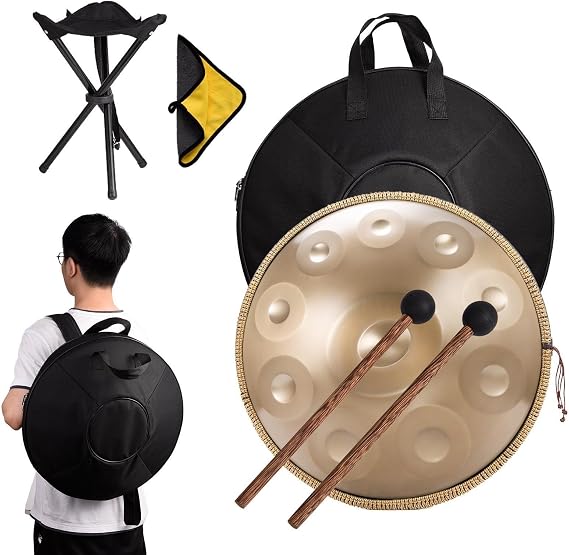 Handpan Drum 432Hz, 9/10/12 Notes 22 Inches Percussion Instrument With Drum Tripod, Steel Handpan Instrument For Meditation Yoga Sound Healing(Gold,12Notes)