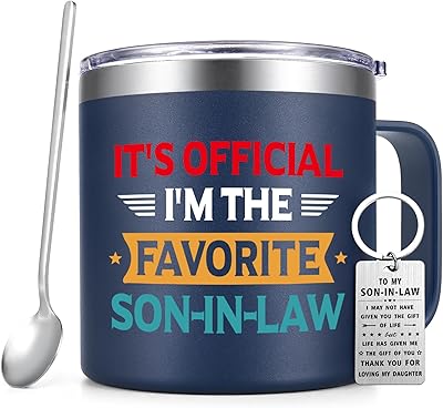 Qtencas Son in Law Gifts for Fathers Day, Fathers Day Gifts for Son In Law, Its Official Im The Favorite Son-In-Law Stainless Steel Coffee Mug with Key Chain, Christmas Birthday Gift, 14 Oz Blue