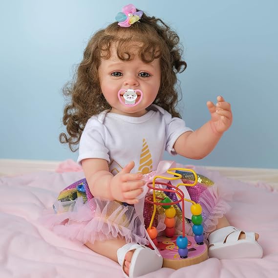 TERABITHIA 22 Inches Rooted Curly Hair Real Life Reborn Baby Doll in Full Body Silicone Vinyl Look Realistic Newborn Princess Toddler Smiling Girl Dolls with Teeth Waterproof Toy for Girl