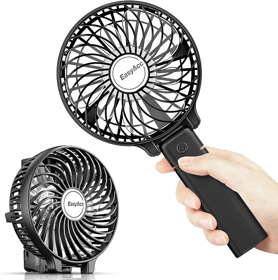 EasyAcc Portable Rechargeable Handheld Fan, Ultra Quiet, 180 Foldable, Up to 10 Hours, 3 Speeds, Personal Fan with Built-in Battery for Home, Travel, Outdoor, Office, Black