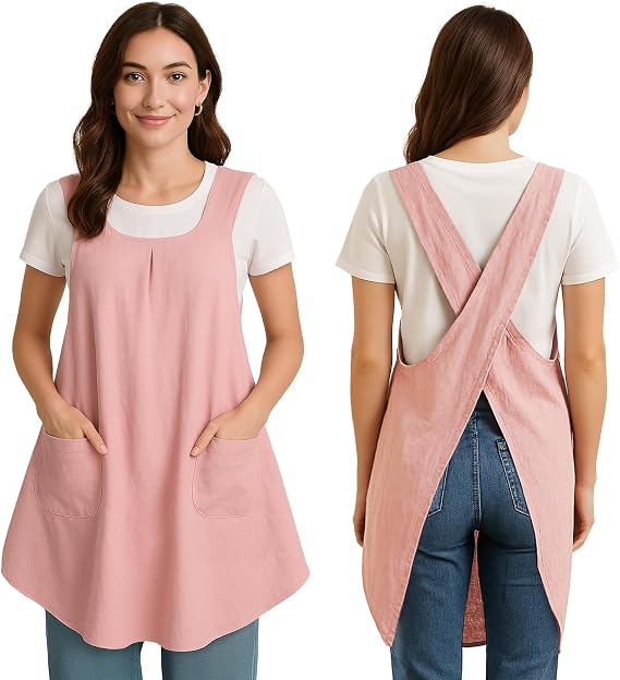Apron for Women with Pocket Cotton Linen, Japanese Cross Back Apron for Gardening Painting