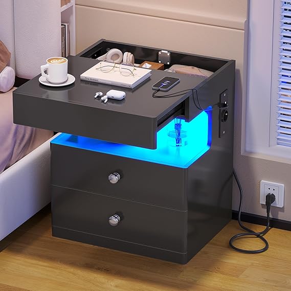 AOGLLATI Bedside Table with Secret Compartment Bedside Table with Socket and LED Lighting Side Table with 2 Drawers 1 Pull-Out Shelf 1 Compartment High-Gloss Surface (1 Black 40 x 35 x 59 cm)