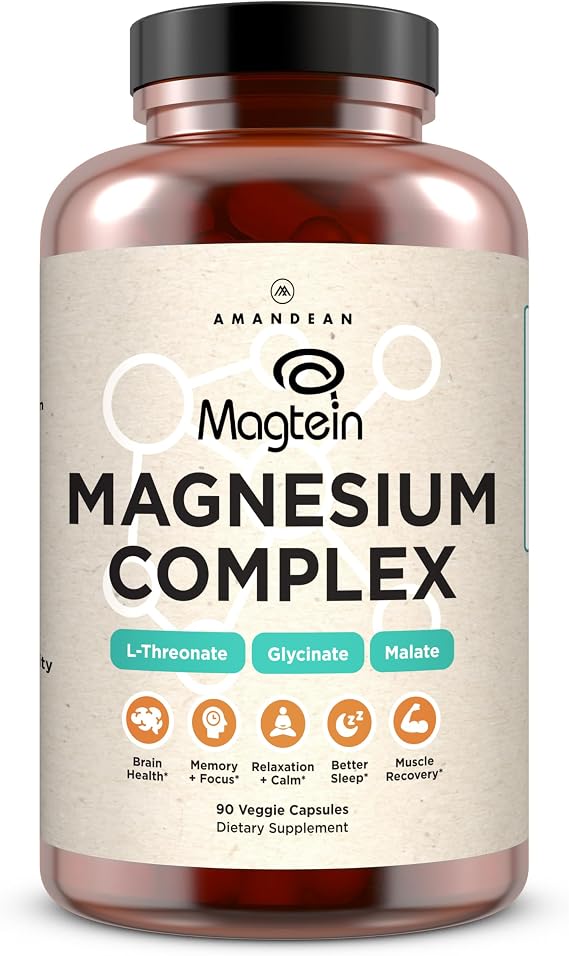 AMANDEAN Magtein Magnesium Complex: L-Threonate, Glycinate, Malate, 90ct | Magnesium L-threonate and glycinate + magnesium malate; 270mg elemental magnesium supplement; sleep, calm