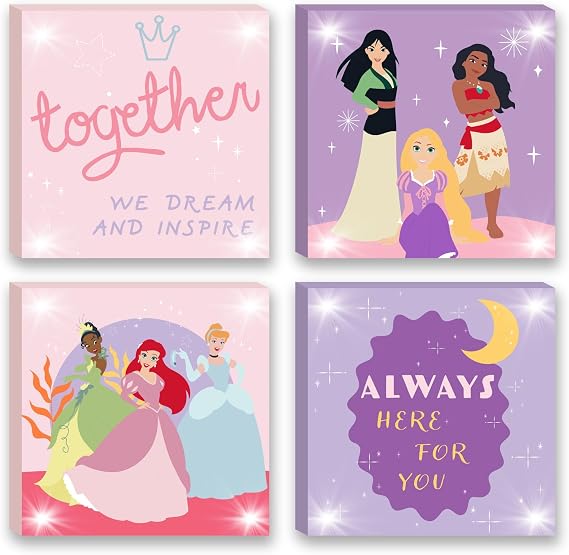 Disney Princess 4 Pack Canvas LED Wall Art Set,Childrens Wall Hanging Decor,Each Piece 11"x11"