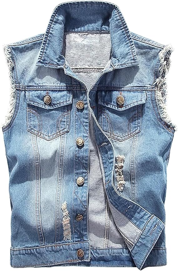 LONGBIDA Men's Denim Vest Casual Sleeveless Jean Jacket