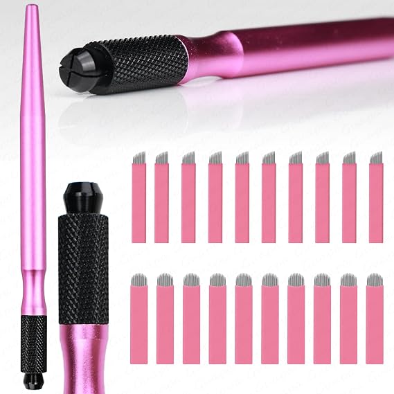 Guapa Professional Manual Microblading Pen Kit with 20 Disposable Microblading Needles - Matte Black/Pink Pen,Ergonomic Design for Eyebrow and Lip Tattooing (Kit 1-Pink)
