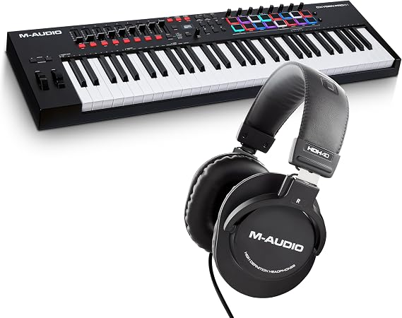 M-Audio Oxygen Pro 61 – 61 Key USB MIDI Keyboard Controller With Beat Pads & HDH40 – Over Ear Studio Headphones with closed back design