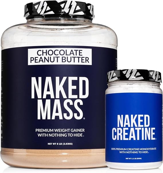 NAKED Chocolate Peanut Butter Mass Protein 8LB (1,280 Calories, 50g Protein) Pure Creatine 500g (100 Servings) Bulk; Non-GMO; Gluten Free; Soy Free