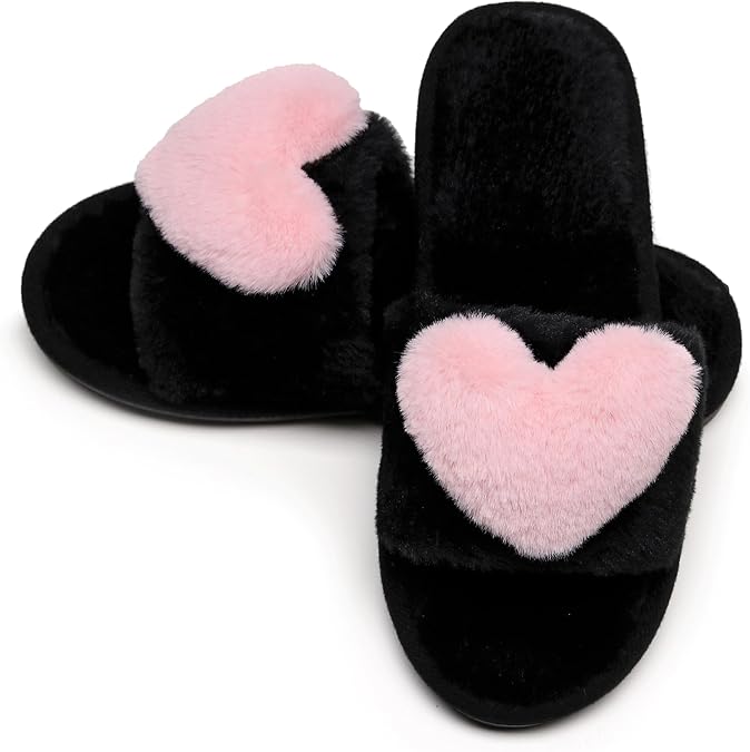 Crazy Lady Women's Love Slippers, Fuzzy Memory Foam Lightweight | Soft plush heart slippers cozy house slides non slip indoor outdoor breathable comfy gift for mom wife family