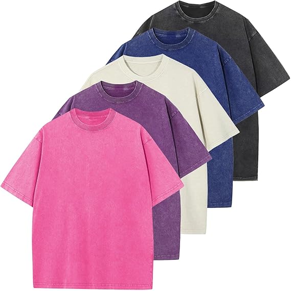KEEPSHOWIN Mens Vintage Oversized Acid Wash T-Shirts Heavyweight Cotton Washed Loose Fit Unisex Basic Tee Shirts