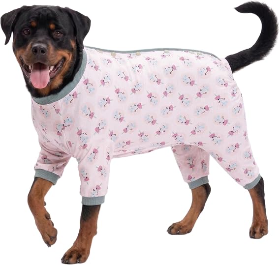 LovinPet Big Dog Outfits for Female Dogs,Wound Care Dog Onesie, Stretchable 4 Legged Large Dog Jammies, Coral Elephant, Mouse Print, Pjs for Dogs,3XL