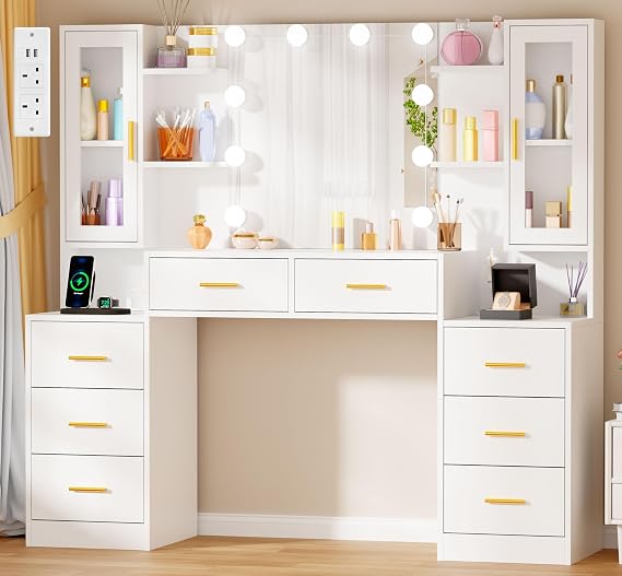 150cm Large Dressing Table with Mirror,10 LED Lights,Power Outlet