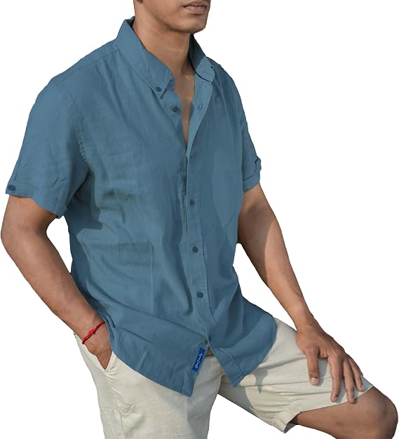 Mens Linen Blend Short Sleeve Casual Shirt for Vacation, Holiday, Casual Party, Lightweight Button Down Shirt