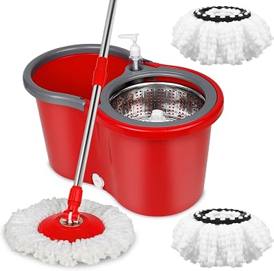 Spin Mop and Bucket Set, Mop and Bucket with Wringer Set, 360°Spin Mop Kit with 2 Extra Microfiber Mop Replacement Heads, Spinning Mop Bucket System for Floor Cleaning Red