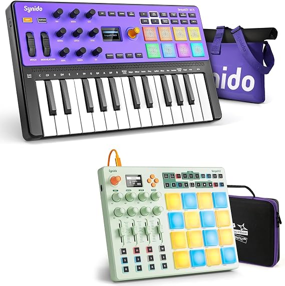 Midi Pad Controller, Portable Beat Maker Machine with Drum Pads and USB C MIDI Controller Keyboard 25 Keys Wireless MIDI Rechargeable with 8 Velocity RGB Pads
