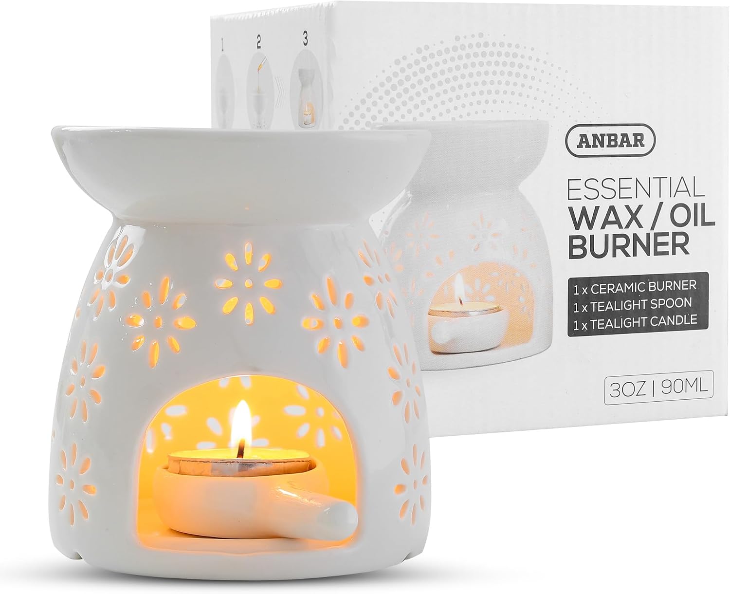 Anbar Star Flower Pattern Ceramic Oil Burner with Tealight Holder & Candle, 90ml Bowl, Glazed Finish, Aromatherapy Wax Warmer Diffuser, Bedroom Decor for Home Relaxation 1