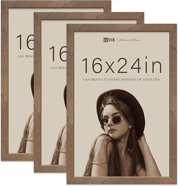 VCK 16x24 Frame Set of 3, Walnut Wood Picture Frames for Wall Decor | Natural Textured Wood, Clear Plexiglass, Designed for Large Poster and Photo, Easy Wall Mounted Display for Studio and Home