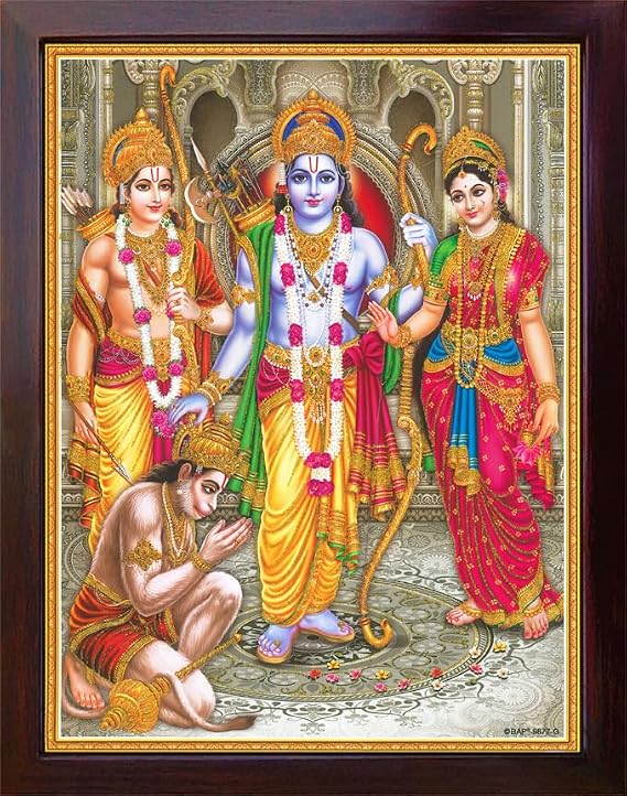 Hanuman Ram Darbar, Lord Sita and Ram Sitting in Palace and Hanuman and ram Brother Worshiping, A Hindu Religious Poster Painting with Frame for Hindu Religious and Gift Purpose.