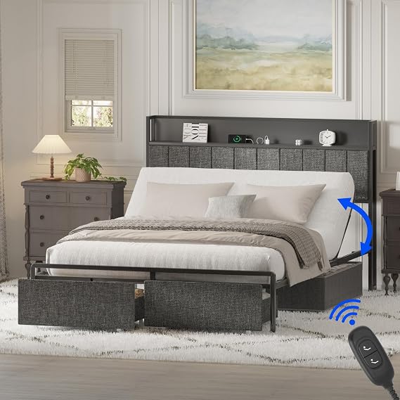 FLEXISPOT Queen Adjustable Bed with Storage Headboard and Charging