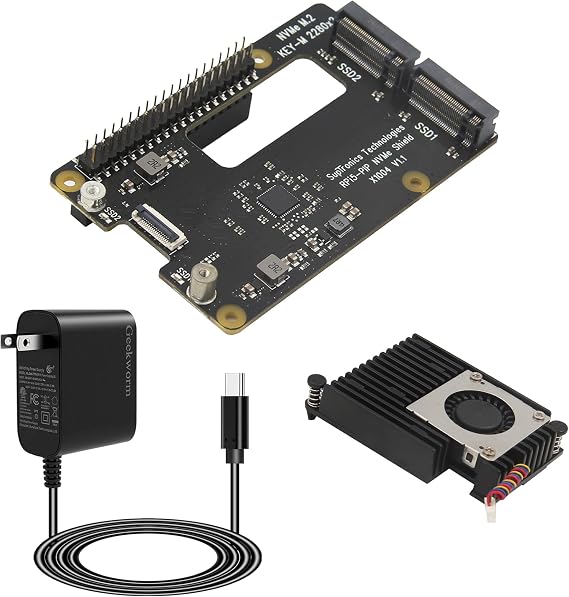Geekworm X1004 PCIe to Dual M.2 HAT NVMe 2280 SSD PCIe Peripheral Board+Active Cooler H505+PD 27W USB-C Power Supply for Raspberry Pi 5