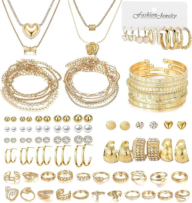 98 Pieces Gold Jewelry Set for Women Fashion Jewelry Gold Plated Necklace Bracelet Ring Earrings Set for Women Gifts set