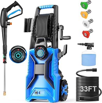 Pressure Cleaner High Power Cleaner with 33ft Pressure Hose Reel, 4 Nozzles and Foam Cannon for CarsFencesDrivewaysPatiosHome Cleaning Blue