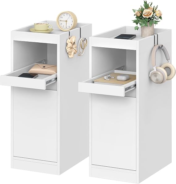 HEXCELEN Slim Bedside Tables Set of 2, Narrow Bedside Cabinet with Tray