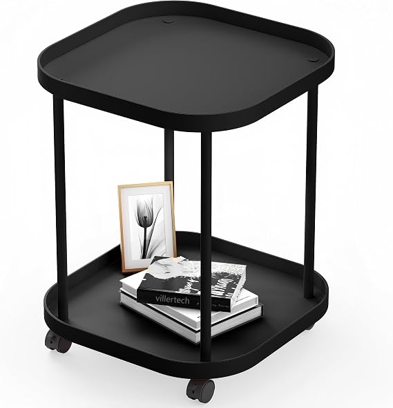 Side Table with Wheels, 2-Tier End Table Small Night Stand