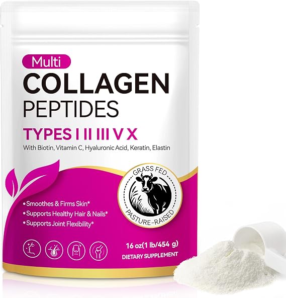 Multi Collagen Peptides Powder | Types I, II, III, V, X | 16 Oz (41 Servings) Hydrolyzed Collagen with Biotin, Vitamin Supports Healthy Skin, Joints, Hair, and Nails | Unflavored & Dissolves Easily