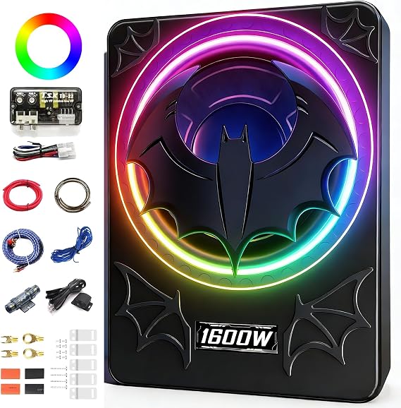 1600W Slim Underseat Car Subwoofer and Amp Package, Powered Under Seat Subwoofer with Built-in Amp, Subsonic Deep Bass, Cast Aluminum, DSP Class D, LED Ambient Light, for Truck SUV Sedan
